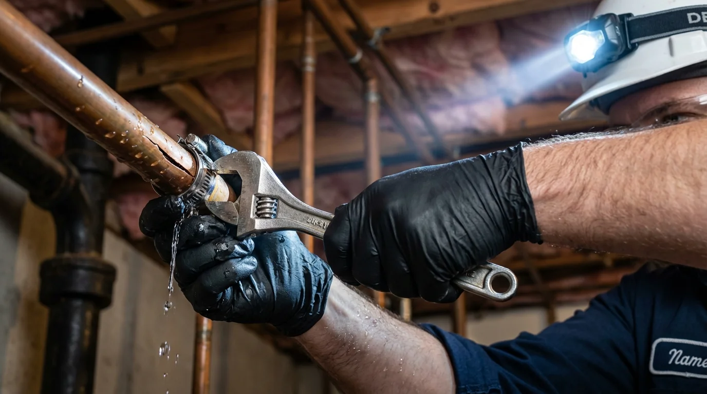 Emergency pipe clamp repair being performed by a Johns Plumbing LLC plumber in Zellwood