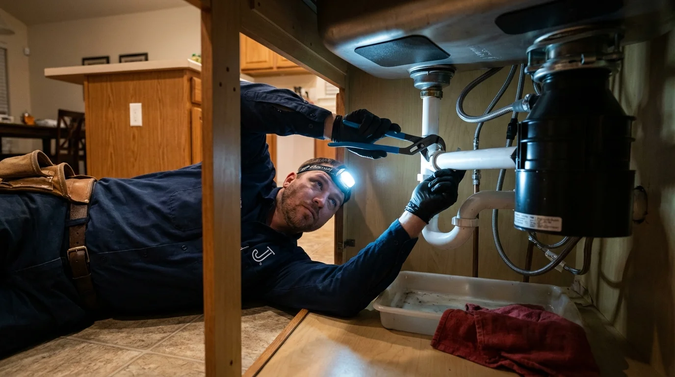 P-trap and supply line connections under a kitchen sink showing a common leak point in Zellwood, FL